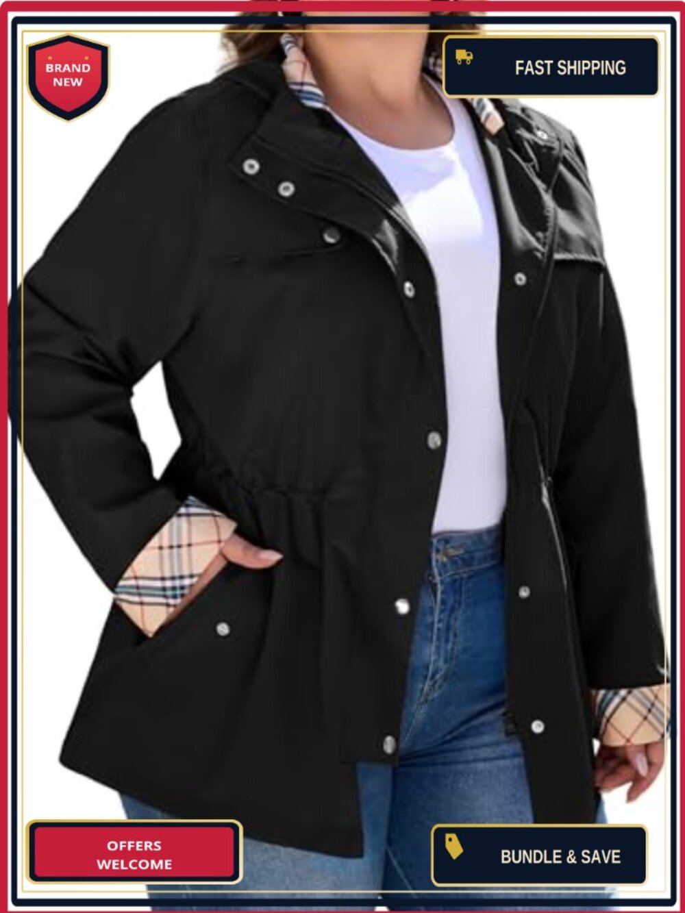 Plus Size Waterproof Raincoat Women Hooded Lightweight Windbreaker Trench